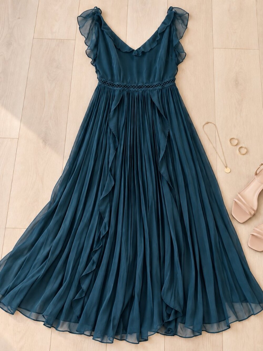 ✨NWT Lulus Deep Teal Pleated Chiffon Ruffle Crochet Waist Maxi Dress S✨